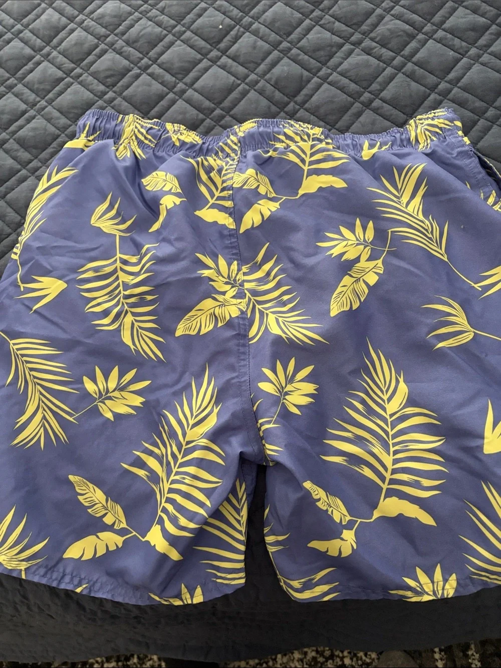 Navy Blue Swim Shorts with Yellow Leaf Print
